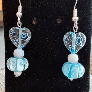 Hand Crafted Blue Murano Glass and Crystal Heart Earrings